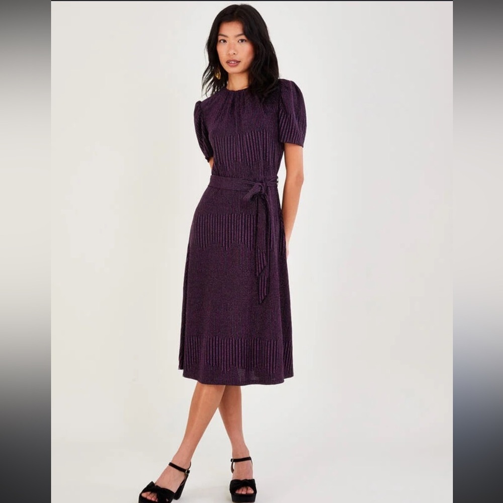 NWT Monsoon Mary Stretch Purple Fit & Flare Midi Dress Size 16. Retail $115.